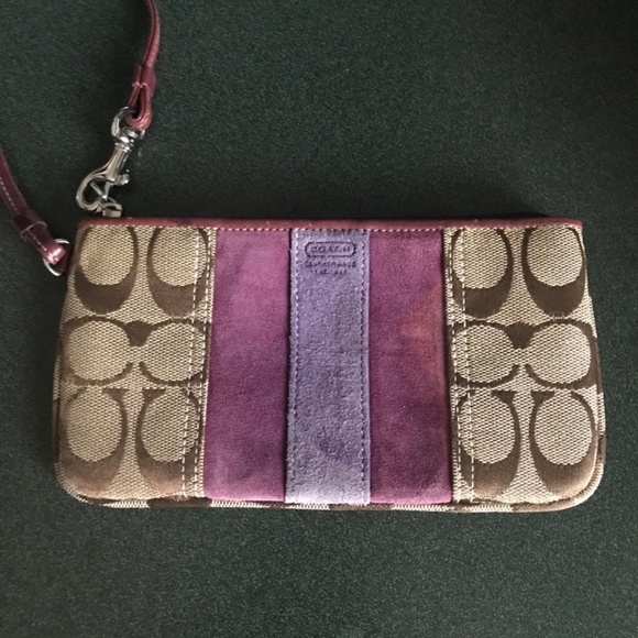 Coach Khaki/Purple Canvas Leather Suede Wristlet - Picture 2 of 16